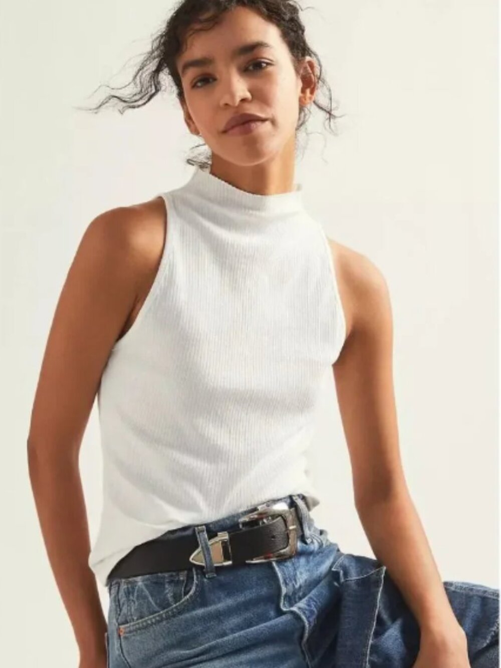 Maeve Ribbed High-Neck Tank Top - Pale Blue